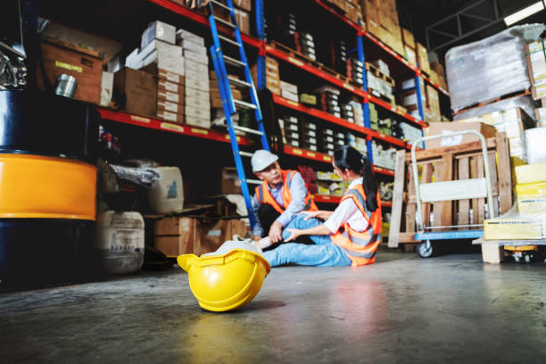 istock A female warehouse worker has an accident while working in a factory. 1417398495