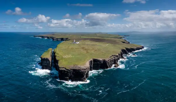 An aerial view of the Loop Head Lighthouse in County Clare in western Ireland