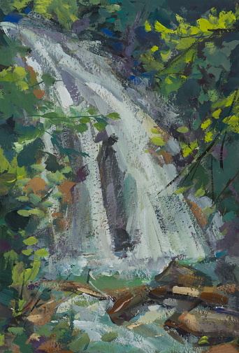 Waterfall gouache painting. Vertical tropical art background. Author's work from nature. Plein air sketch in the summer forest. The concept of the beauty of pristine nature. Modern art, Impressionism