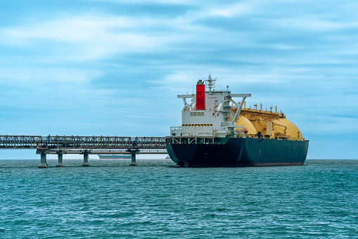 liquefied natural gas tanker vessel during loading at an LNG offshore terminal