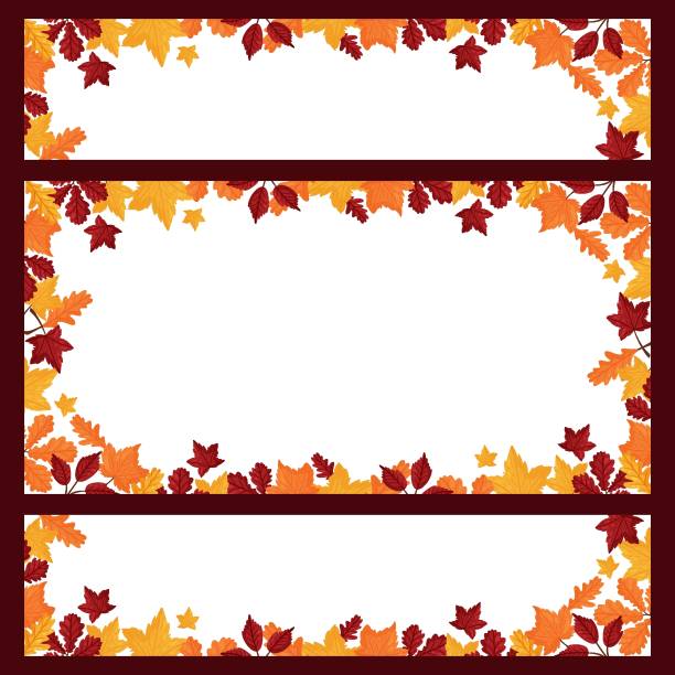 ilustrações, clipart, desenhos animados e ícones de conjunto de faixas com folhas coloridas de outono. estilo de desenho animado vetor - autumn leaf falling frame