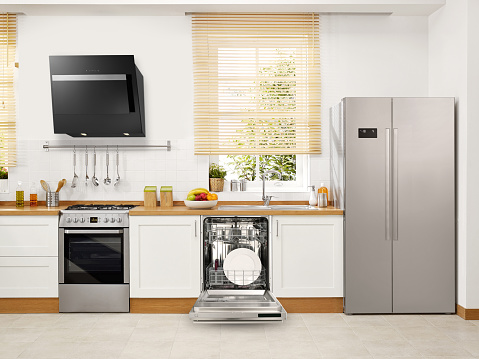 Wide angle shot of a Domestic kitchen with modern appliances