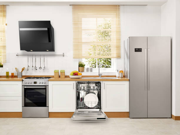 Domestic kitchen Wide angle shot of a Domestic kitchen with modern appliances kitchen dishwasher stock pictures, royalty-free photos & images