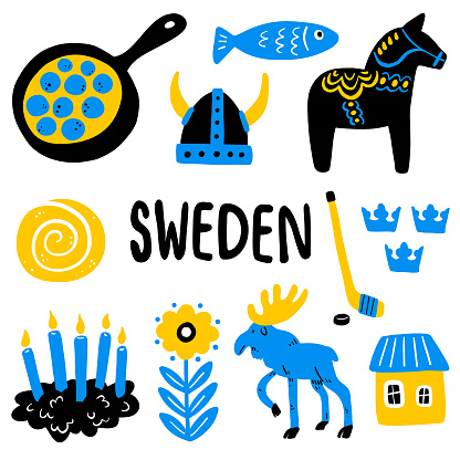 Cartoon style doodles representing typical Swedish elements