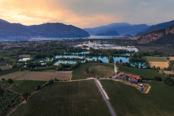 Panoramic aerial view of Franciacorta countryside in summer season, Brescia province in Lombardy district, Italy. stock photo
