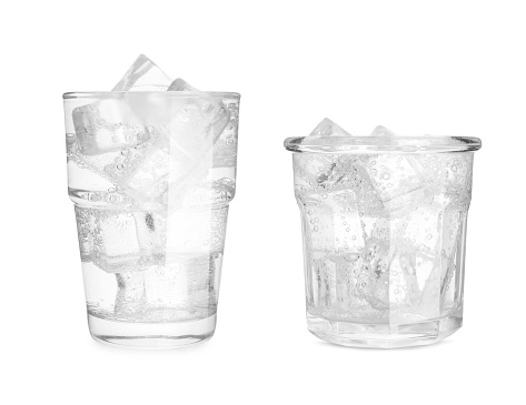 Glasses of soda water with ice on white background, collage