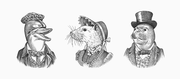 Seal and White Mouse and Dolphin in hat and suit. Victorian woman and man. Marine mammal. Fashion animal character. Hand drawn sketch. Engraved illustration for T-shirts or tattoo