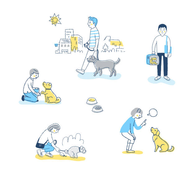 Set of scenes with various pet dogs dog, pet, daily life, lifestyle, variation, owner squat toilet stock illustrations