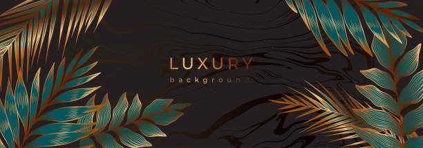 ilustrações de stock, clip art, desenhos animados e ícones de luxury tropical banner with golden leaves. fern, palm leaf - leaf black background line art nature