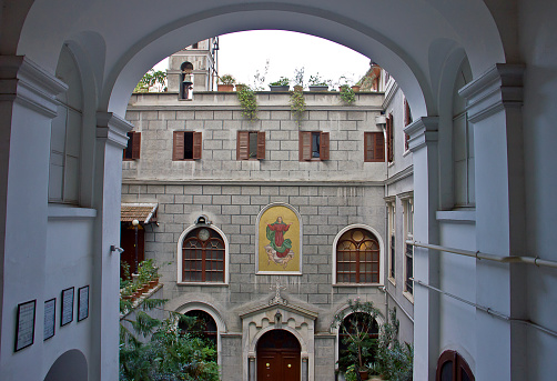 Exterior view from the main gate of Santa Maria Latin Church located in Istiklal Avenue, Beyoglu, Istanbul. Saint Mary Draperis is a Roman Catholic Church in Istanbul, Established in 1584.