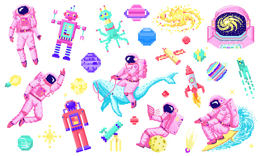 Set of space stars, alien spaceman, robot rocket and satellite cubes solar system planets pixel art, digital vintage game style. Cosmonaut on whale. Venus, Earth, Mars, Jupite. icons composition