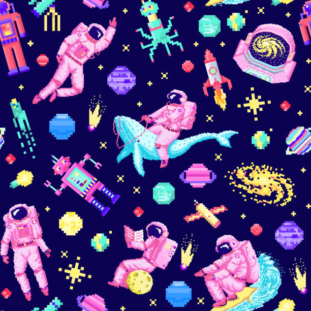 Space stars Seamless pattern. Alien spaceman, robot rocket and satellite cubes solar system planets pixel art, digital vintage game style. Cosmonaut on whale. Venus, Earth, Mars, Jupite Set of space stars, alien spaceman, robot rocket and satellite cubes solar system planets pixel art, digital vintage game style. Cosmonaut on whale. Venus, Earth, Mars, Jupite. icons composition rocketship patterns stock illustrations