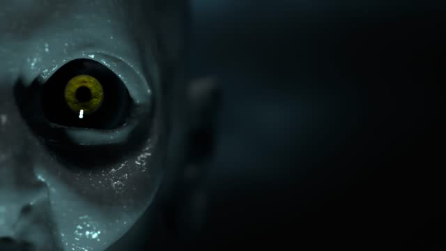 Creepy pale creature opens its eyes close-up on black background 3d 4k animation with copy space