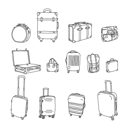 Vector set with suitcases, bags and backpacks for travel. Different types of hand luggage, suitcases and bags hand drawn in a linear style.For designing advertisements, brochures, banners and posters