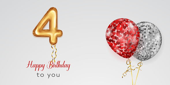 Festive birthday illustration with colored helium balloons, big number 4 golden foil balloon and inscription Happy Birthday on white background