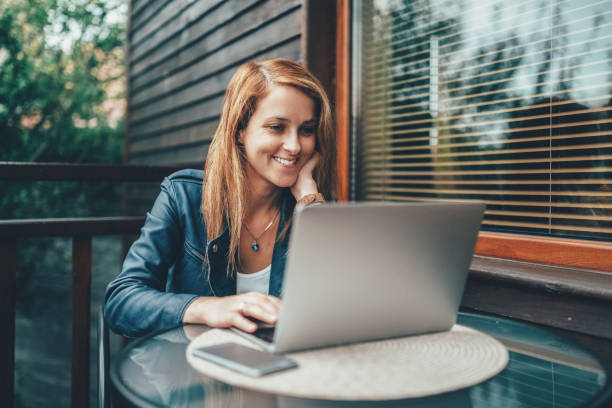 istock Woman at the terrace working during her summer vacation 1417420440