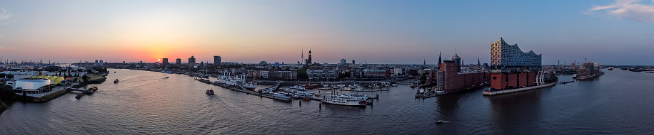 Drone shot: Panorama view in the Hamburg harbor, Germany.  View over the \