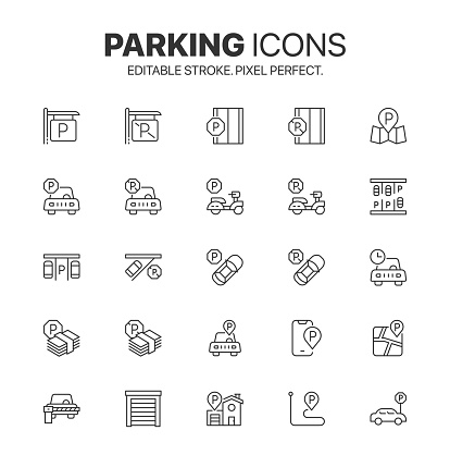 Parking related icons thin vector symbol set. Outline and modern style Parking icon pack. Flat line Car Parking Lot symbol vector collection.