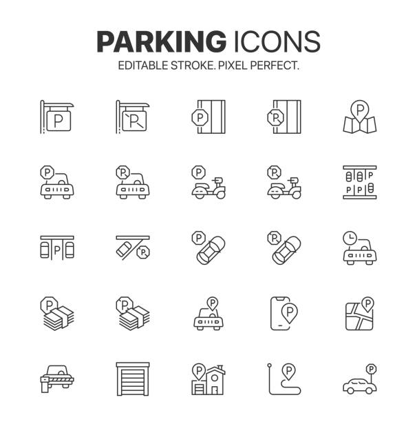 Parking icon set. Outline Parking symbol vector. Car Parking Lot symbol vector Parking related icons thin vector symbol set. Outline and modern style Parking icon pack. Flat line Car Parking Lot symbol vector collection. sidewalk icon stock illustrations