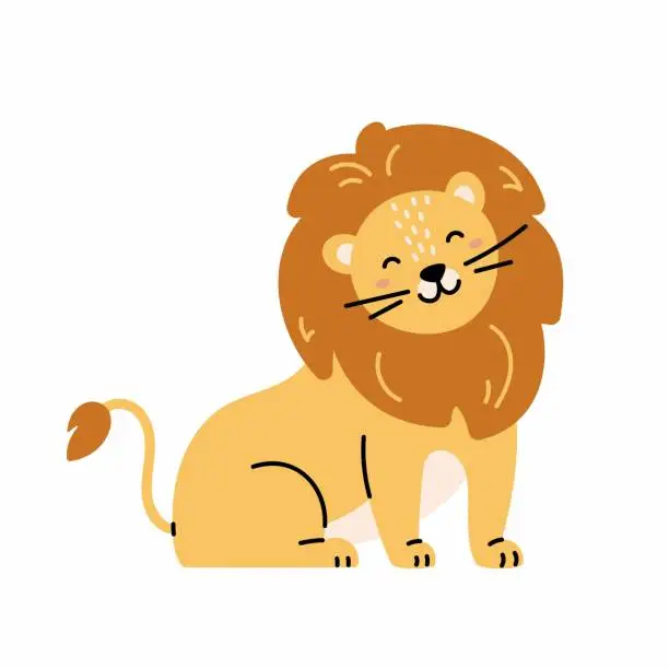 Vector illustration of Wildlife animal. Cute lion smiling, for printing on baby clothes, postcards, baby shower.