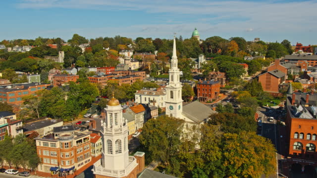 Washington Building, First Baptist Church in America, First Church of Christ Scientist in College Hill neighborhood, Providence, Rhode Island. Aerial video with the backward-descending camera motion.