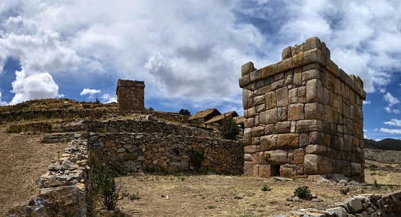 Molloco, Peru, November 19, 2021: View of the archaeological site of Molloco near to Titicaca Lake where the famous burial towers of Incas, so called Chulpas de Molloco, are located.