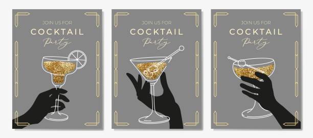 ilustrações de stock, clip art, desenhos animados e ícones de outline illustration of woman's hand holding cocktail glass, vector. invitation for party template. - art deco illustrations