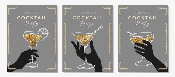 Outline illustration of woman's hand holding cocktail glass, vector. Invitation for party template. Outline illustration of woman's hand holding cocktail glass, vector. Invitation for party template. Line art margarita cocktail. Art deco concept design. Event, party, presentation, promotion, menu. cocktail patterns stock illustrations