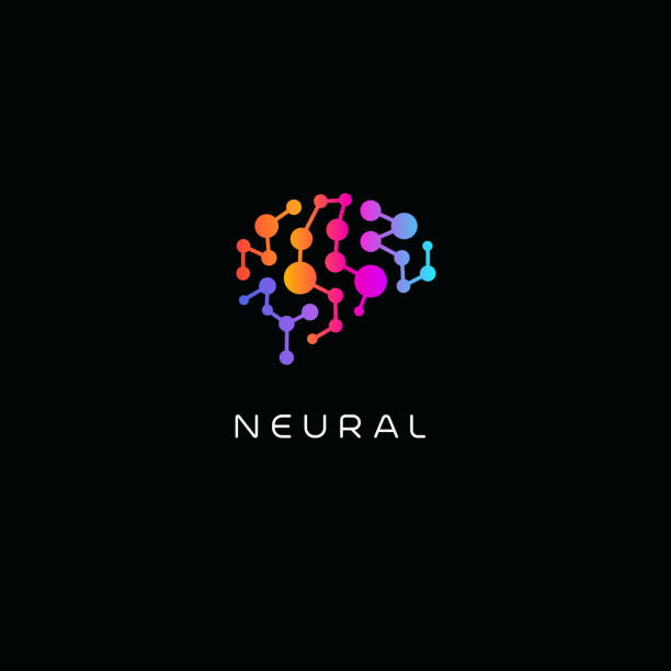 ニューラルネットワークのロゴ。人間の脳のエンブレム。人工知能アイコン。創造的思考ベクトルイラストレーション。孤立した科学イノベーションのサイン。カラフルな神経生物学のシン� - 脳点のイラスト素材／クリップアート素材／マンガ素材／アイコン素材