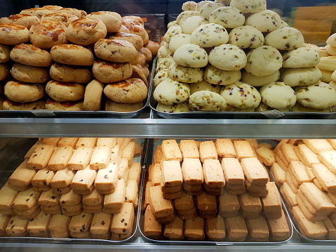 Bakery biscuits arranged in trays.