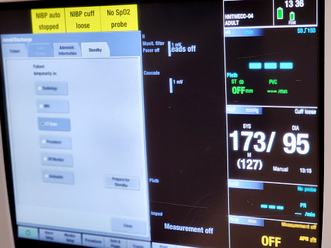 LV Medical - Equipment in an Emergency room.  Blood pressure, monitors, weight scale, empty bed and statistics on monitors all help tell the story of an ER visit.