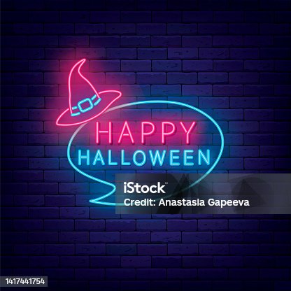 istock Happy halloween neon label. Speech bubble frame with witch hat. Scary holiday emblem. Vector stock illustration 1417441754