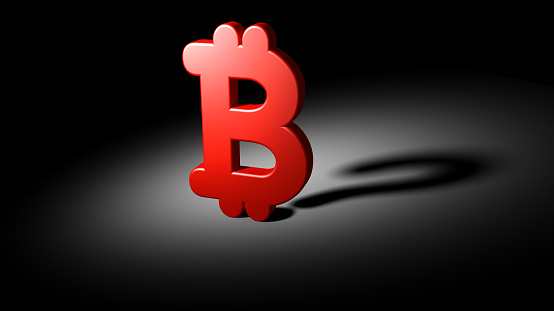 Red bitcoin symbol and shadow in the form of a question. Cryptocurrency price prediction concept. Confusion, question or solution. 3d illustration