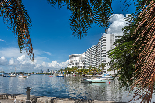 Miami Beach, Florida, USA - August 22, 2022: View of Downtown Miami skyline, Cruises Terminal, and surroundings from Miami Beach, Florida.