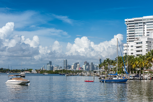 Miami Beach, Florida, USA - August 22, 2022: View of Downtown Miami skyline, Cruises Terminal, and surroundings from Miami Beach, Florida.