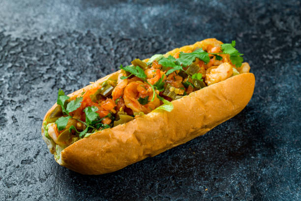 istock hot dog with shrimps and vegetables on dark stone table 1417455071
