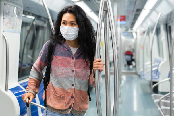 istock Woman passenger in mask using subway car 1417457497