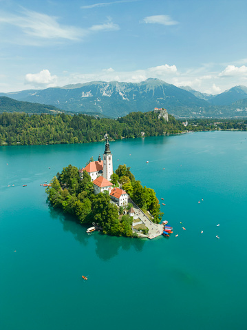 Bled Island with church taken with drone