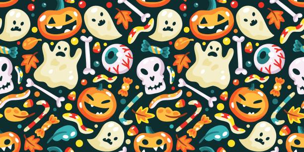 Seamless pattern with halloween sweets and elements vector art illustration