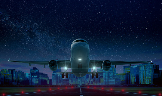 Commercial airplane Take off at night on airport runway with city in the background and beautiful sky, 3D illustration.