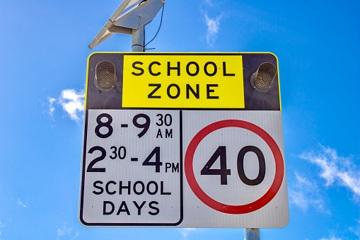View of a School Zone Sign, 40km an hour, at Emmaville, New South Wales, Australia