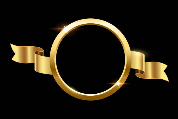 グラデーションライト効果とリボンを側面に持つゴールデンリング、3d光沢のある円フレーム - gold medal medal ribbon gold点のイラスト素材／クリップアート素材／マンガ素材／アイコン素材