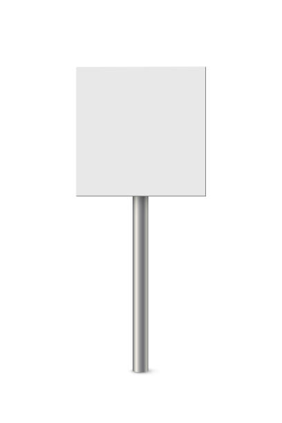 istock Empty metal sign post vector illustration. Realistic 3d blank steel signboard with blank placard for information and white plank, billboard panel on bollard, guidepost isolated on white background. 1417482336