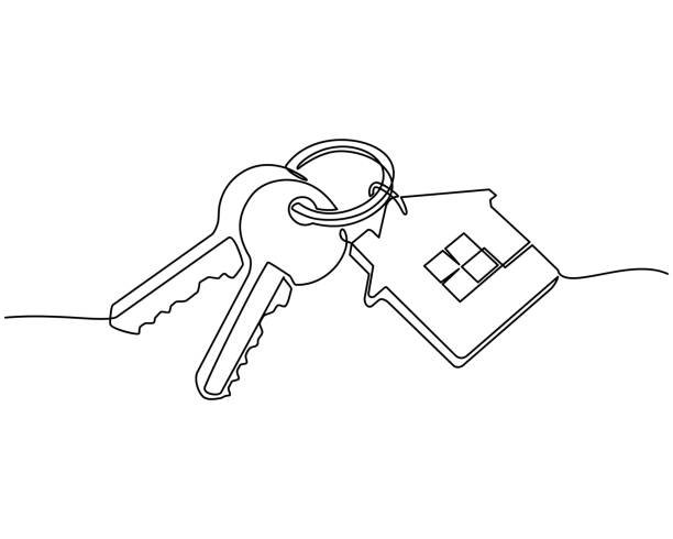 continuous line drawing of House keys with house shaped keychain, Real estate concept, isolated on white background. vector continuous line drawing of House keys with house shaped keychain, Real estate concept, isolated on white background. vector new home stock illustrations