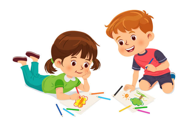 ilustrações de stock, clip art, desenhos animados e ícones de little boy and girl drawing pictures with color pencils on a paper laying on floor. cartoon character isolated on white background - computer graphic child school children small