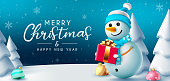 istock Christmas snowman greeting vector design. Merry christmas typography text with cute snow man character giving gift in outdoor snow and for winter holiday eve. 1417484742