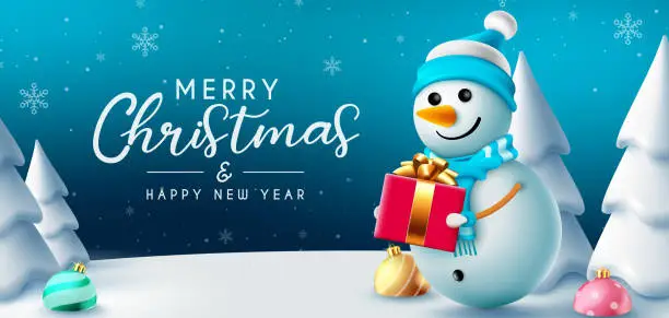 Vector illustration of Christmas snowman greeting vector design. Merry christmas typography text with cute snow man character giving gift in outdoor snow and for winter holiday eve.