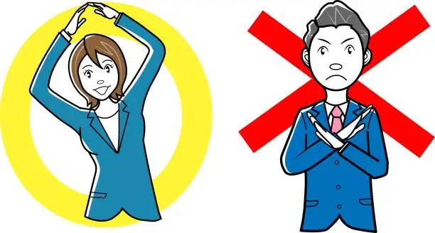 Vector illustration of Clip art of businessman and businesswoman making a round-button gest