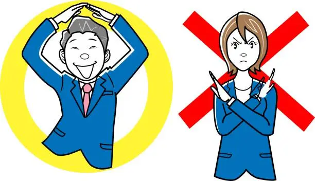 Vector illustration of Clip art of businessman and businesswoman making a round-button gest