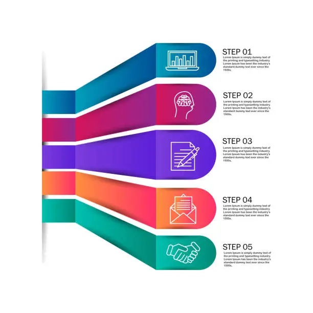 Vector illustration of Modern infographic template. Big paper arrow of 5 colorful horizontal strips